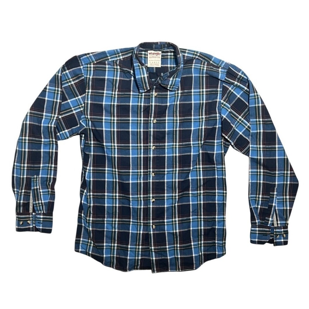 Wrangler Authentics Men's Large Blue Plaid Long Sleeve Button Down Shirt Casual